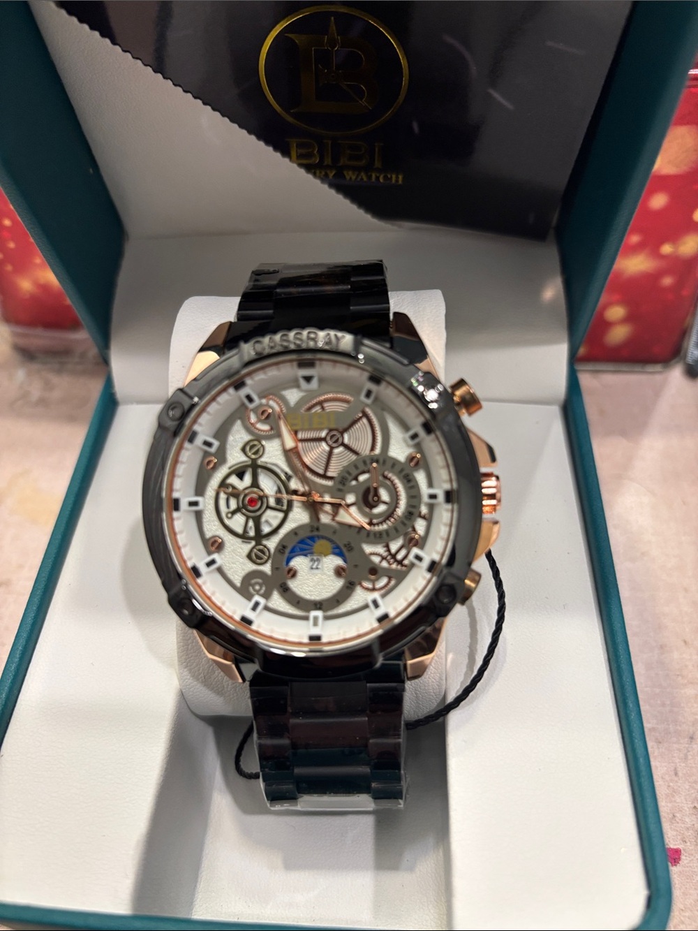 BiBi Men’s Skeleton Dial Watch - Black and Rose Gold Accents